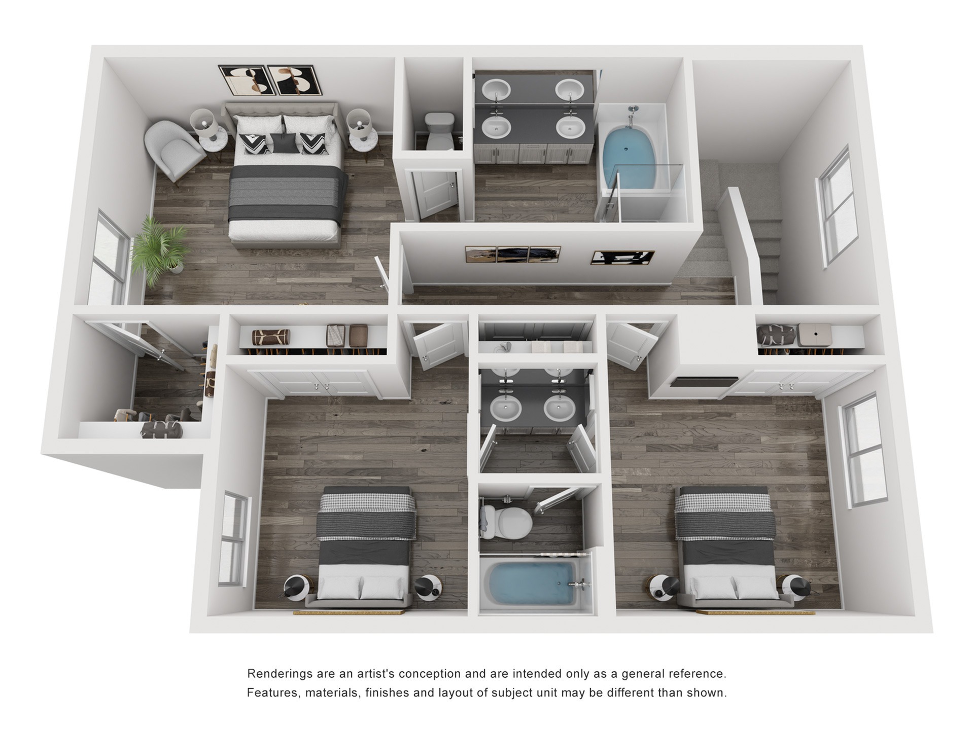 Rendering of the Aurora floor plan with 3 bedroom[s] and 2.5 bathroom[s] at Serenity