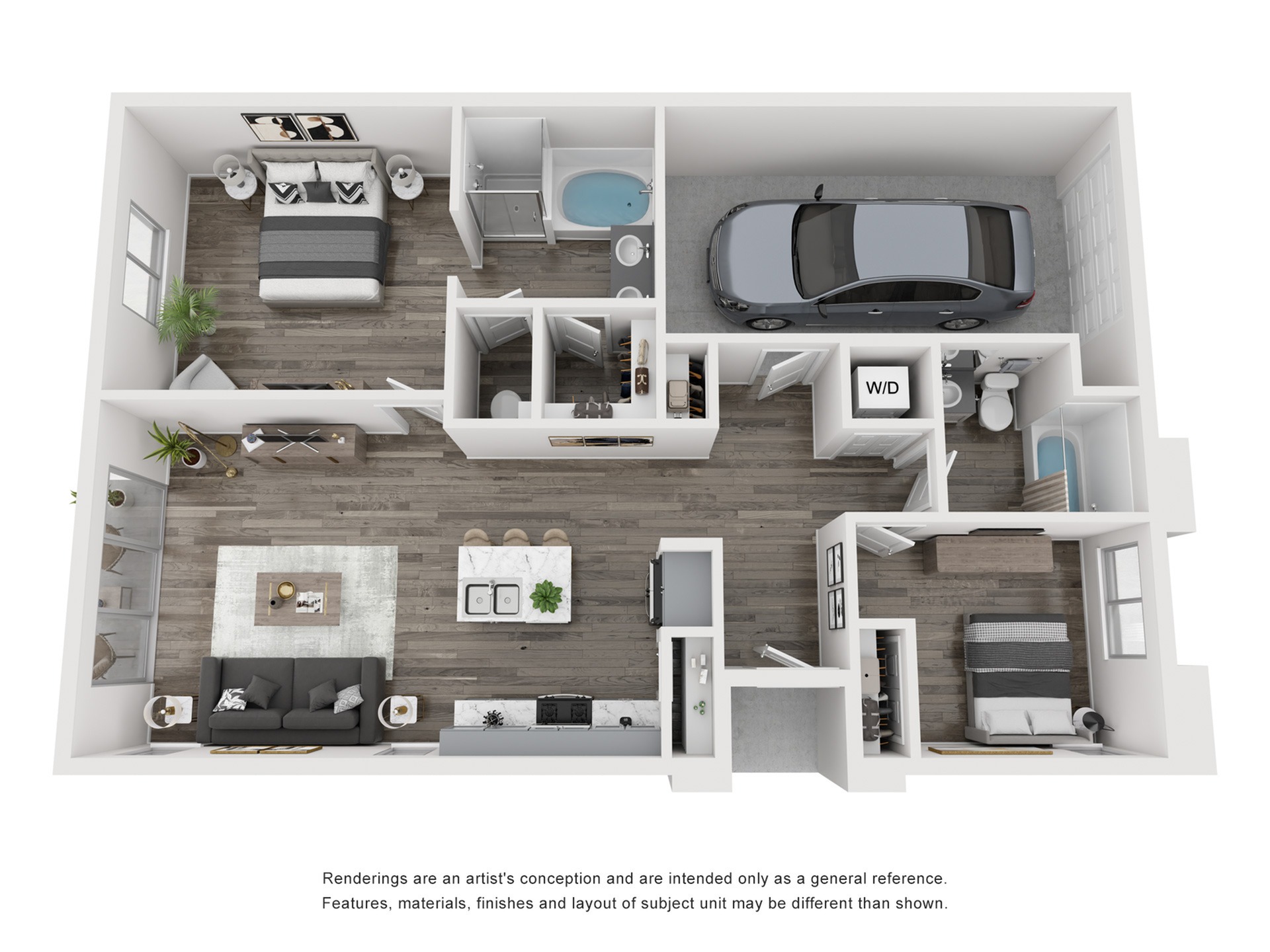 Rendering of the Solace floor plan with 2 bedroom[s] and 2 bathroom[s] at Serenity